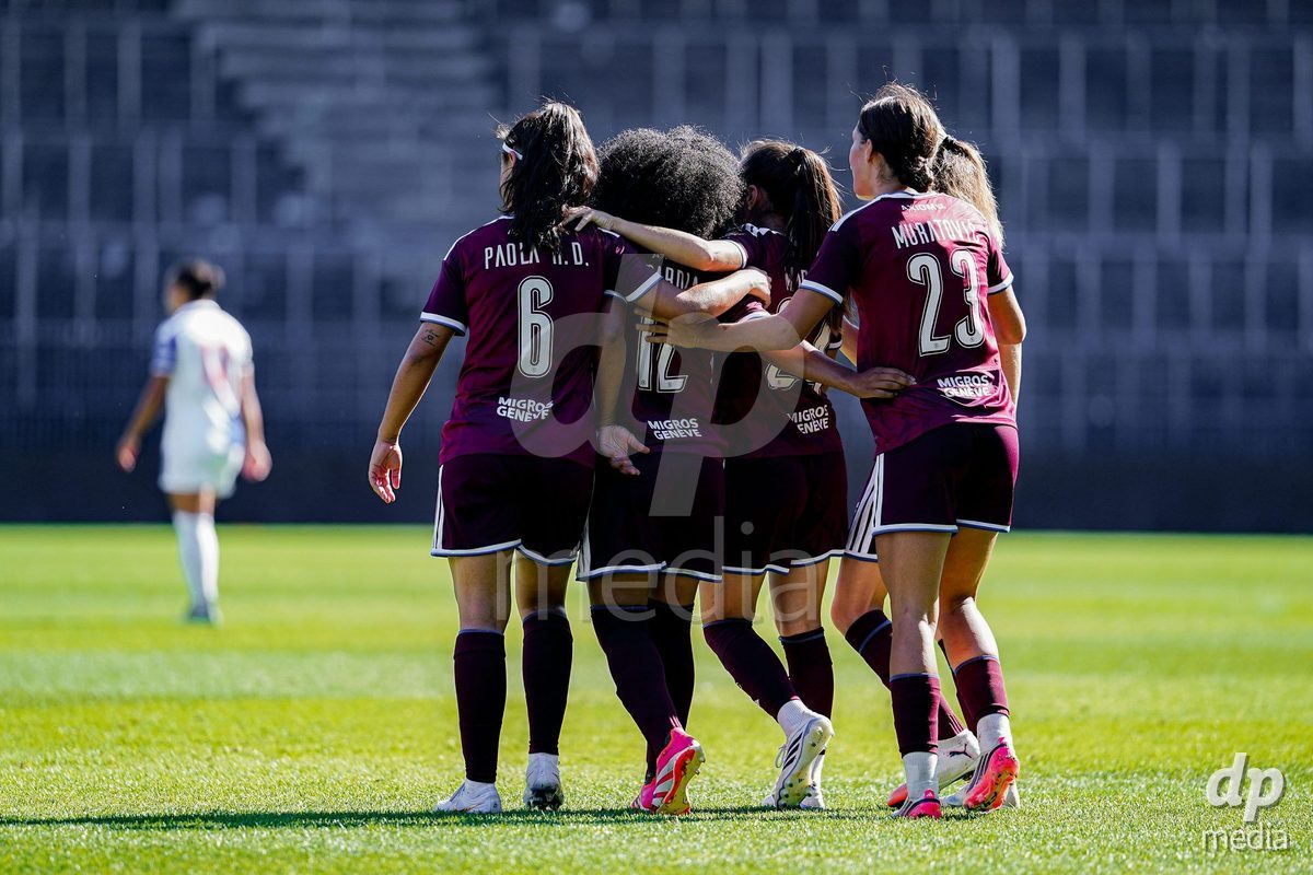 ZURICH, SWITZERLAND - September 6: Mickaella Cardia (Mickaëlla Cardia) of Servette FC Chenois Feminin celebrating with team after scoring teams second goal during the AXA Women's Super League match between GC Frauenfussball and Servette FC Chenois Feminin at Letzigrund on September 6, 2026 in Zurich, Switzerland.