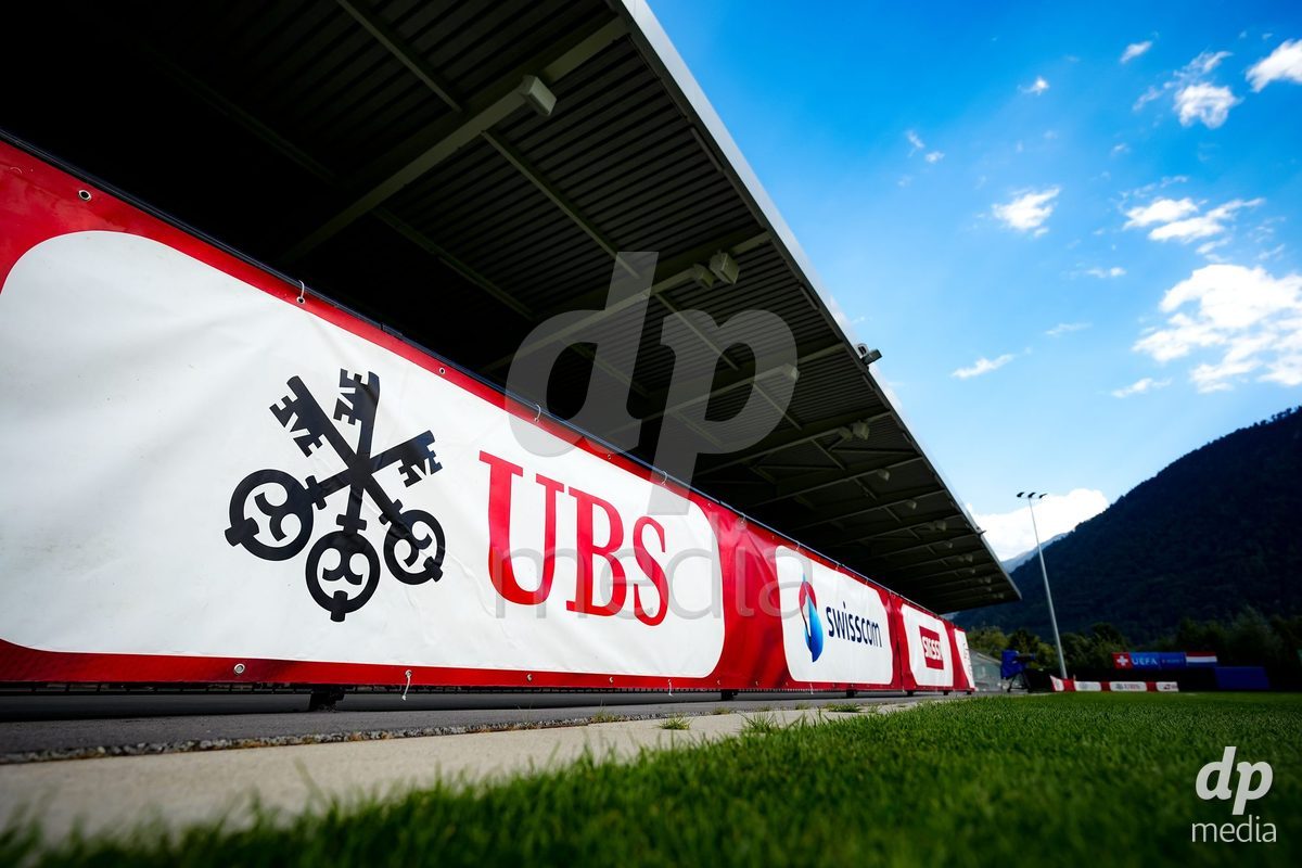 OBERE AU, Switzerland - September 8: UBS sponsor board during the International Friendly U20 match between Switzerland and Luxembourg at TBD on September 8, 2026 in Obere Au, Switzerland.