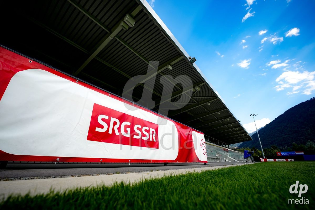OBERE AU, Switzerland - September 8: SRG SSR sponsor board during the International Friendly U20 match between Switzerland and Luxembourg at TBD on September 8, 2026 in Obere Au, Switzerland.