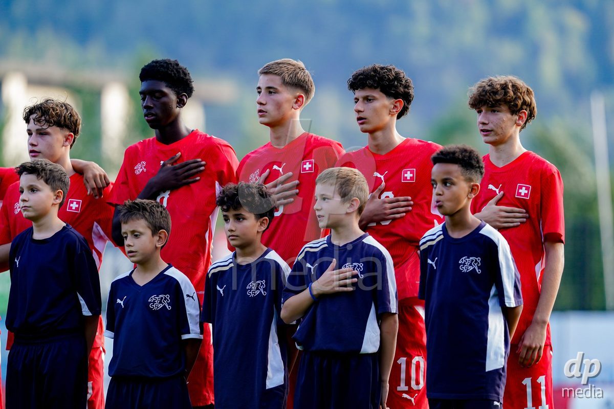 OBERE AU, Switzerland - September 8: Players of Switzerland during the national anthem during the International Friendly U20 match between Switzerland and Luxembourg at TBD on September 8, 2026 in Obere Au, Switzerland.