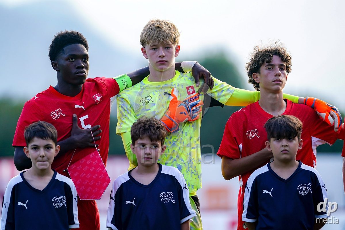 OBERE AU, Switzerland - September 8: Players of Switzerland during the national anthem during the International Friendly U20 match between Switzerland and Luxembourg at TBD on September 8, 2026 in Obere Au, Switzerland.