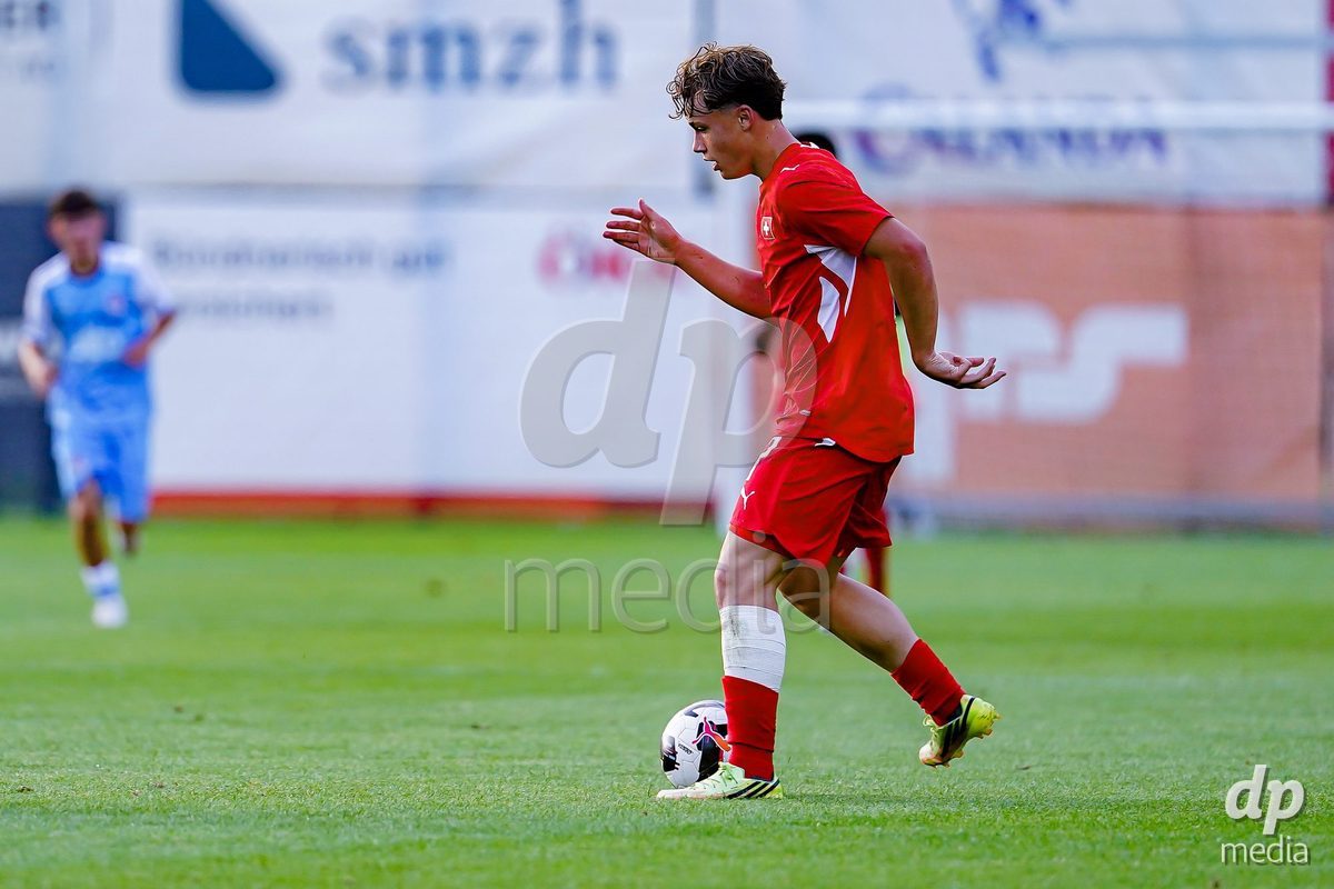 OBERE AU, Switzerland - September 8: Noel Vinzenz Telser of Switzerland controls the ball during the International Friendly U20 match between Switzerland and Luxembourg at TBD on September 8, 2026 in Obere Au, Switzerland.