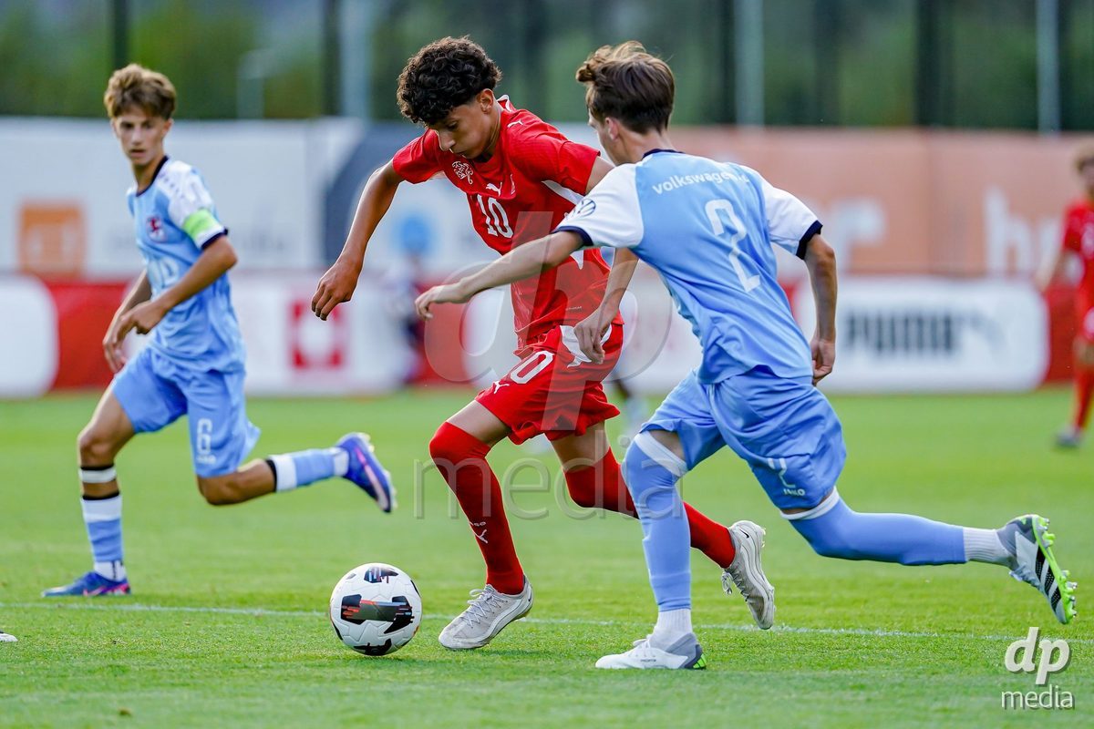 OBERE AU, Switzerland - September 8: Yanis Sadiki of Switzerland battles for the ball during the International Friendly U20 match between Switzerland and Luxembourg at TBD on September 8, 2026 in Obere Au, Switzerland.