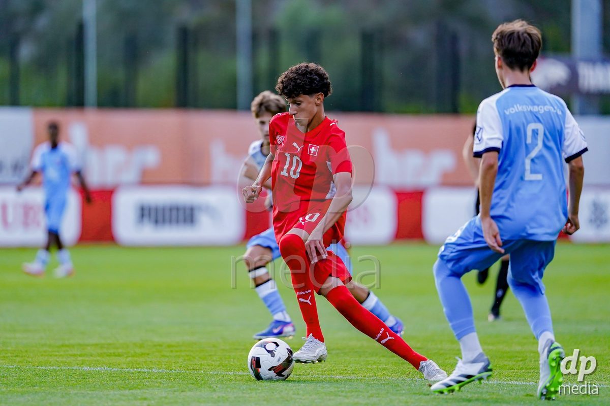 OBERE AU, Switzerland - September 8: Yanis Sadiki of Switzerland battles for the ball during the International Friendly U20 match between Switzerland and Luxembourg at TBD on September 8, 2026 in Obere Au, Switzerland.