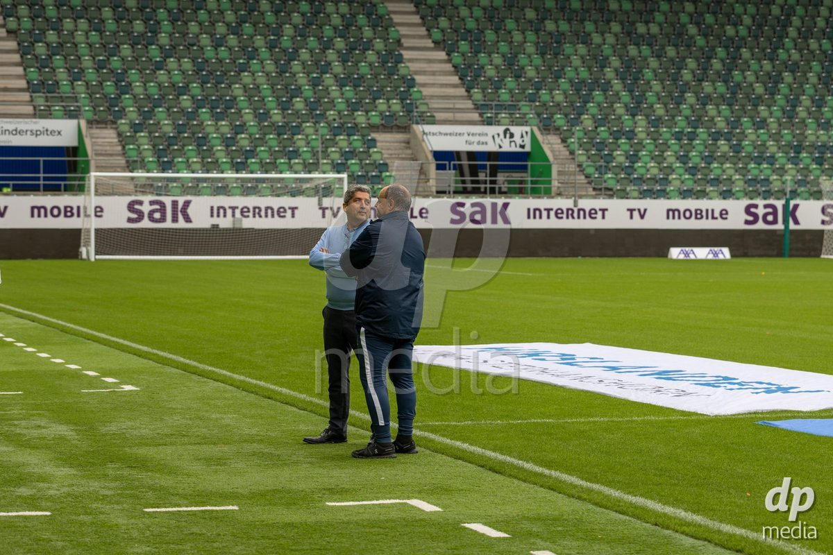 ST. GALLEN, SWITZERLAND - September 9: head coach Eduardo Barrera of FC Aarau Frauen (L) inspecting the Stadion the AXA Women's Super League match between FC St. Gallen 1879 and FC Aarau Frauen at Berit Sitterstadion on September 9, 2026 in St. Gallen, Switzerland.