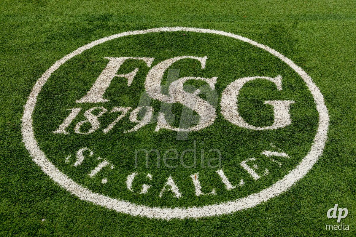 ST. GALLEN, SWITZERLAND - September 9: FC St. Gallen logo in the gras during the AXA Women's Super League match between FC St. Gallen 1879 and FC Aarau Frauen at Berit Sitterstadion on September 9, 2026 in St. Gallen, Switzerland.