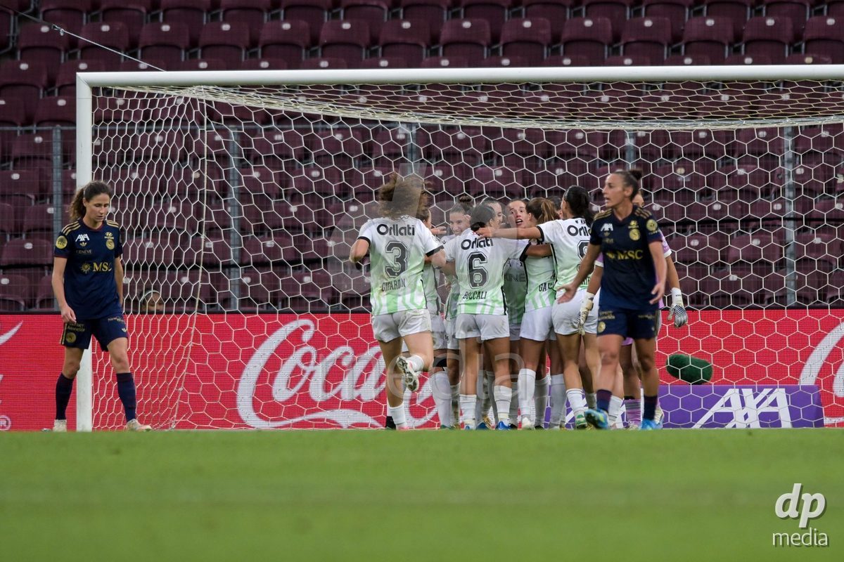 GENEVA, SWITZERLDAND - September 9: a players of Yverdon women celebrate the 1-2 gol during the AXA Women's Super League match between Servette FC Chenois Feminin and FC Yverdon Women at Stade de Geneve on September 9,2026 in Geneva, Switzerland