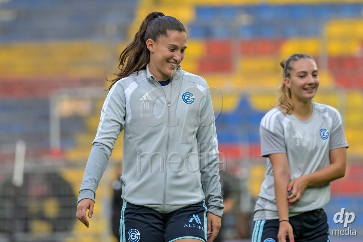 BASEL, SWITZERLAND - September 9: Yllka Kadriu of GC Frauenfussball and Emilia Brunner of GC Frauenfussball before the AXA Women's Super League match between FC Basel 1893 and GC Frauenfussball at St. Jakob-Park on September 9, 2026 in Basel, Switzerland.