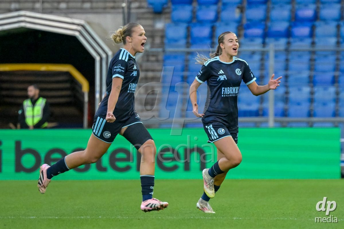 BASEL, SWITZERLAND - September 9: Ella Ljustina of GC Frauenfussball scores 0:1 and celebrating with the team during the AXA Women's Super League match between FC Basel 1893 and GC Frauenfussball at St. Jakob-Park on September 9, 2026 in Basel, Switzerland.