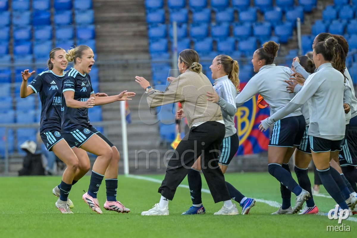 BASEL, SWITZERLAND - September 9: Ella Ljustina of GC Frauenfussball scores 0:1 and celebrating with the team during the AXA Women's Super League match between FC Basel 1893 and GC Frauenfussball at St. Jakob-Park on September 9, 2026 in Basel, Switzerland.
