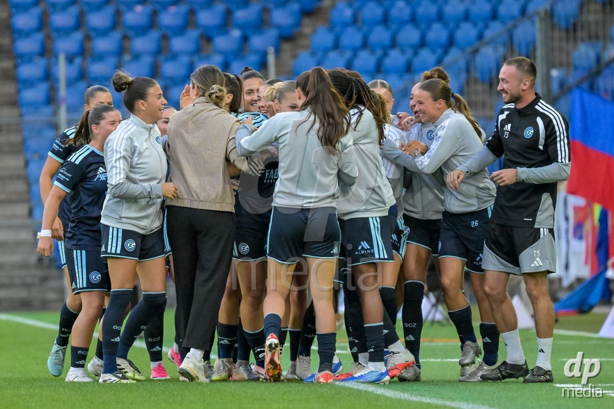 BASEL, SWITZERLAND - September 9: Ella Ljustina of GC Frauenfussball scores 0:1 and celebrating with the team during the AXA Women's Super League match between FC Basel 1893 and GC Frauenfussball at St. Jakob-Park on September 9, 2026 in Basel, Switzerland.