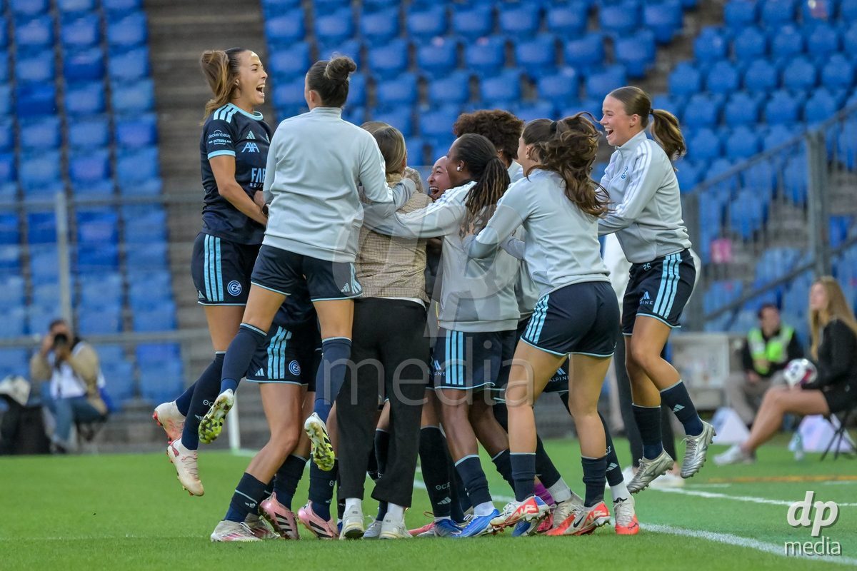 BASEL, SWITZERLAND - September 9: Ella Ljustina of GC Frauenfussball scores 0:1 and celebrating with the team during the AXA Women's Super League match between FC Basel 1893 and GC Frauenfussball at St. Jakob-Park on September 9, 2026 in Basel, Switzerland.