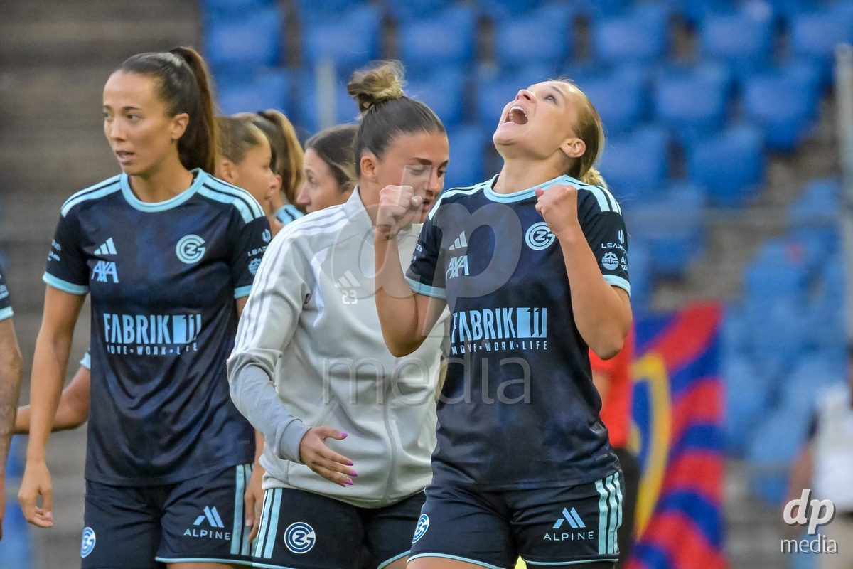 BASEL, SWITZERLAND - September 9: Ella Ljustina of GC Frauenfussball scores 0:1 and celebrating with the team during the AXA Women's Super League match between FC Basel 1893 and GC Frauenfussball at St. Jakob-Park on September 9, 2026 in Basel, Switzerland.