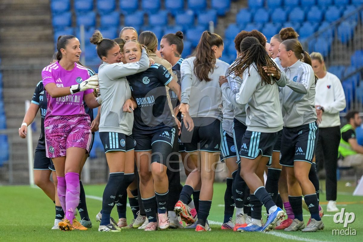 BASEL, SWITZERLAND - September 9: Ella Ljustina of GC Frauenfussball scores 0:1 and celebrating with the team during the AXA Women's Super League match between FC Basel 1893 and GC Frauenfussball at St. Jakob-Park on September 9, 2026 in Basel, Switzerland.