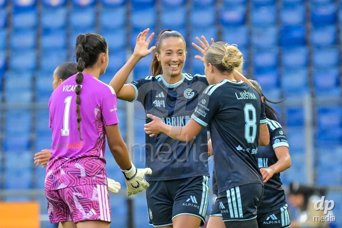 BASEL, SWITZERLAND - September 9: Ella Ljustina of GC Frauenfussball scores 0:1 and celebrating with the team during the AXA Women's Super League match between FC Basel 1893 and GC Frauenfussball at St. Jakob-Park on September 9, 2026 in Basel, Switzerland.