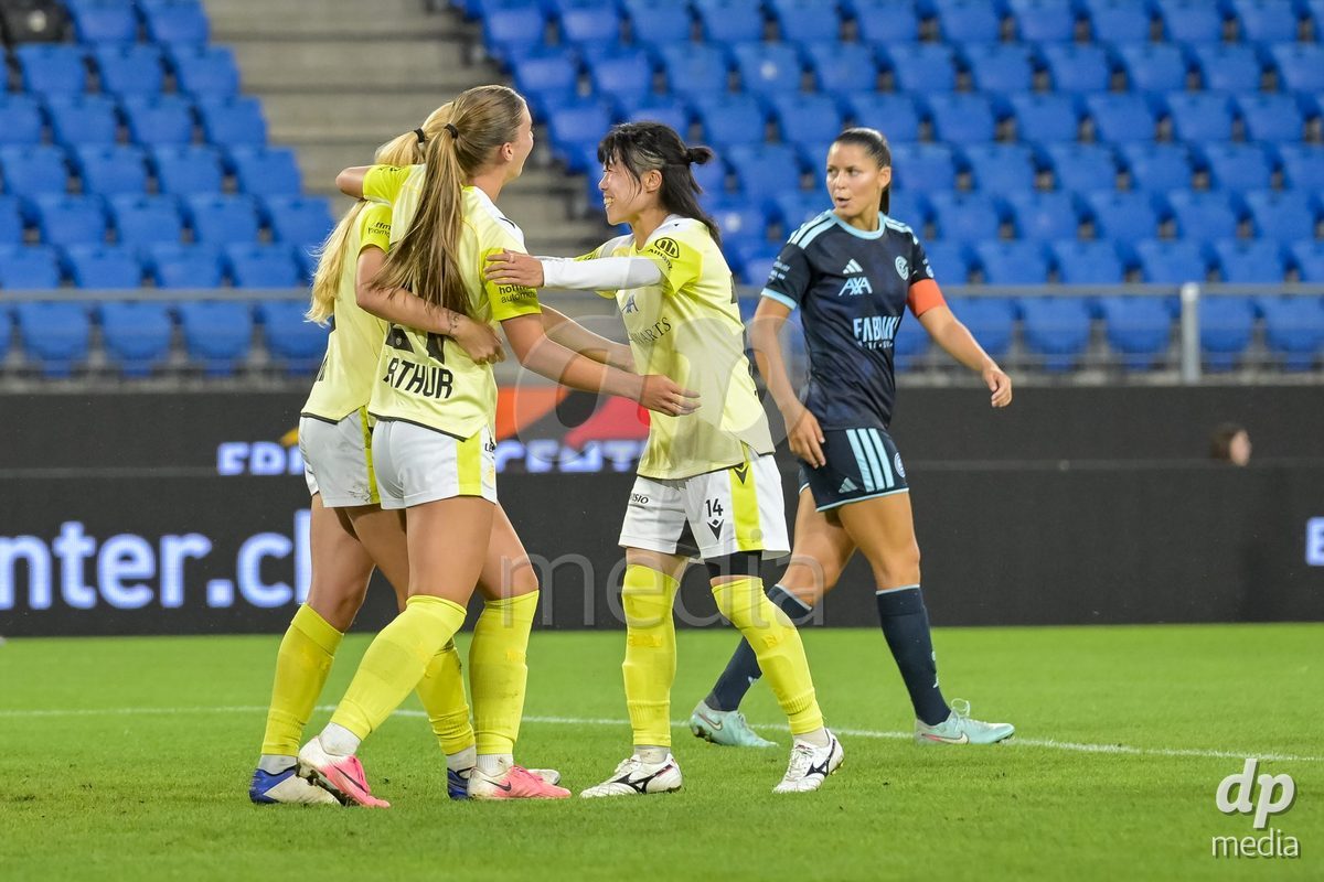 BASEL, SWITZERLAND - September 9: Alisa Arthur of FC Basel celebrating with team after score 1:1 during the AXA Women's Super League match between FC Basel 1893 and GC Frauenfussball at St. Jakob-Park on September 9, 2026 in Basel, Switzerland.
