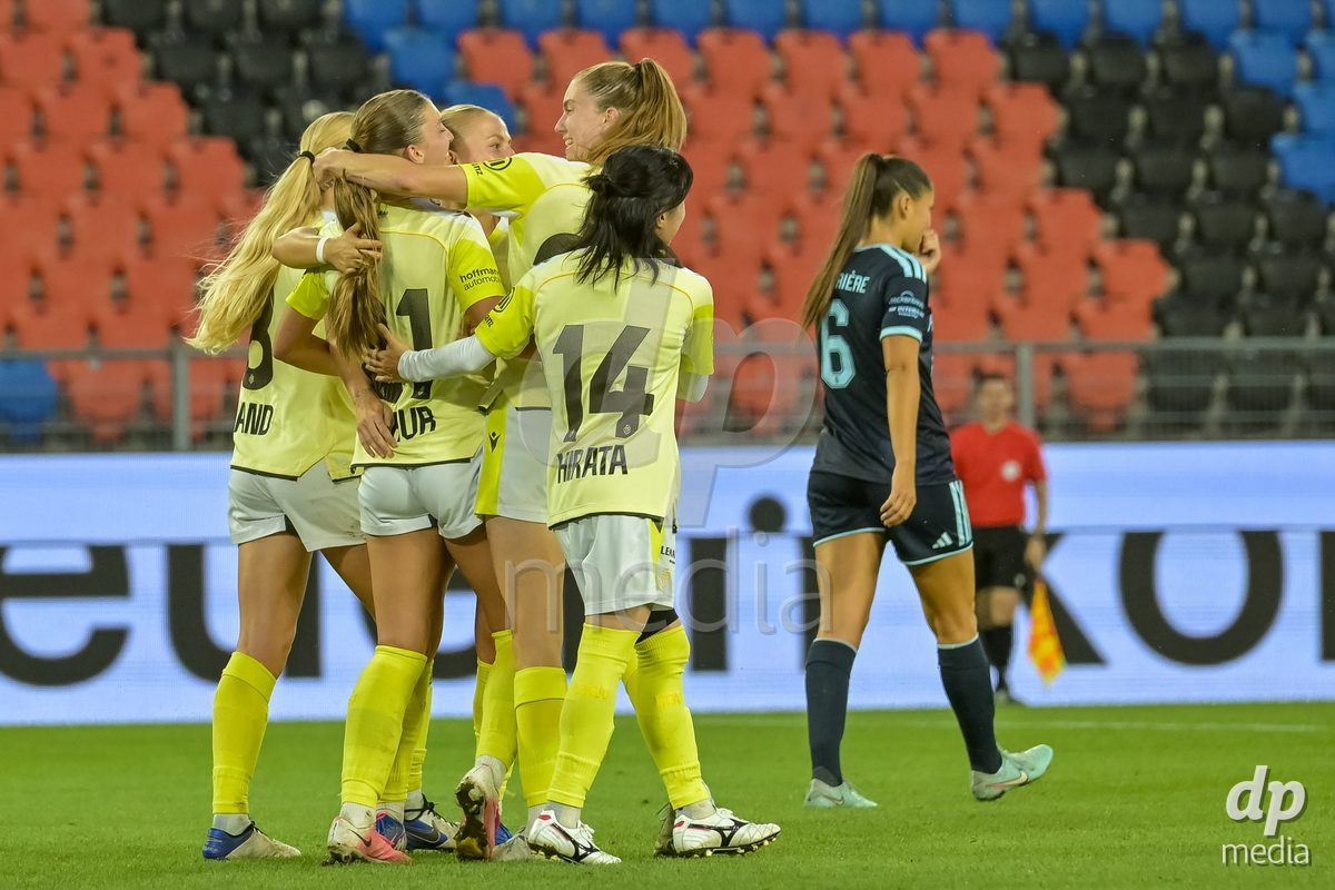 BASEL, SWITZERLAND - September 9: Alisa Arthur of FC Basel celebrating with team after score 1:1 during the AXA Women's Super League match between FC Basel 1893 and GC Frauenfussball at St. Jakob-Park on September 9, 2026 in Basel, Switzerland.