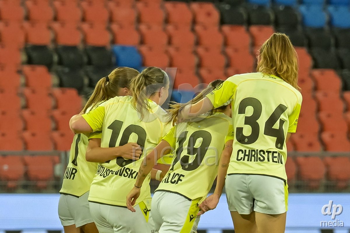 BASEL, SWITZERLAND - September 9: Alisa Arthur of FC Basel celebrating with team after score 1:1 during the AXA Women's Super League match between FC Basel 1893 and GC Frauenfussball at St. Jakob-Park on September 9, 2026 in Basel, Switzerland.