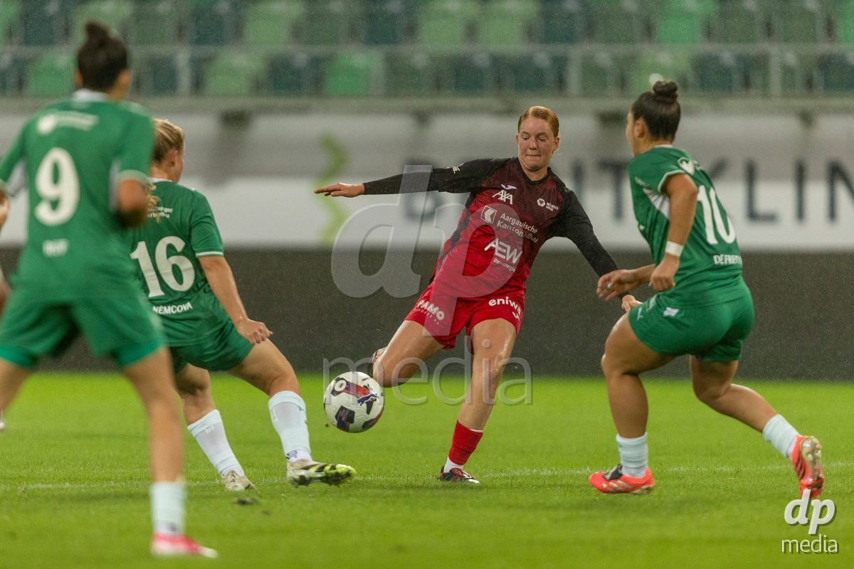 ST. GALLEN, SWITZERLAND - September 9: Yves Milva Heim of FC Aarau Frauen shoots the ball during the AXA Women's Super League match between FC St. Gallen 1879 and FC Aarau Frauen at Berit Sitterstadion on September 9, 2026 in St. Gallen, Switzerland.