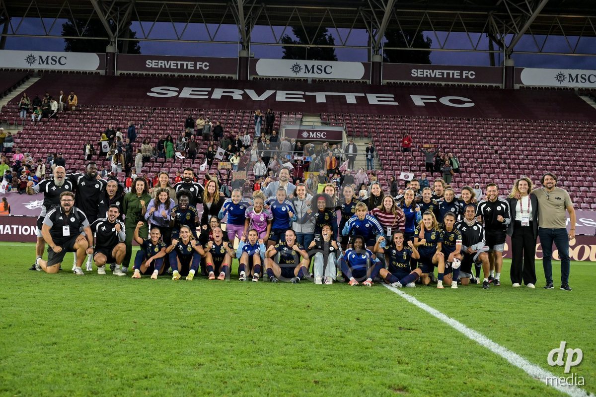 GENEVA, SWITZERLDAND - September 9: Group photo with Servette players and fans during the AXA Women's Super League match between Servette FC Chenois Feminin and FC Yverdon Women at Stade de Geneve on September 9,2026 in Geneva, Switzerland