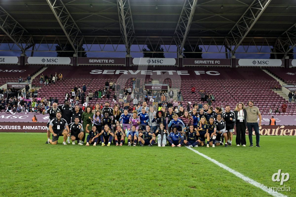 GENEVA, SWITZERLDAND - September 9: Group photo with Servette players and fans during the AXA Women's Super League match between Servette FC Chenois Feminin and FC Yverdon Women at Stade de Geneve on September 9,2026 in Geneva, Switzerland