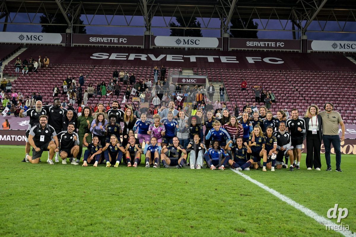 GENEVA, SWITZERLDAND - September 9: Group photo with Servette players and fans during the AXA Women's Super League match between Servette FC Chenois Feminin and FC Yverdon Women at Stade de Geneve on September 9,2026 in Geneva, Switzerland