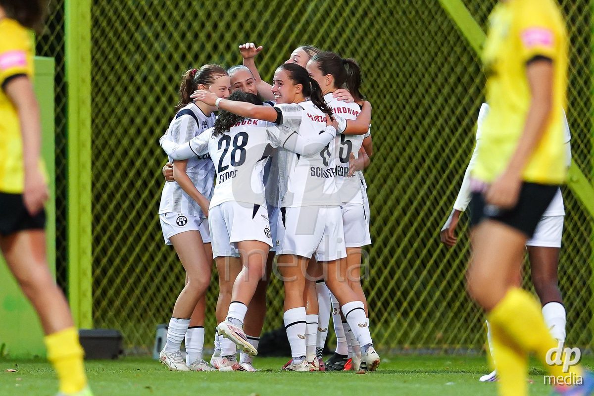 ZURICH, SWITZERLAND - September 9: Nina Kajzba of FC Zurich celebrating with team after scoring teams first goal during the AXA Women's Super League match between FC Zurich and BSC YB Frauen at Herrenschurli on September 9, 2026 in Zurich, Switzerland.