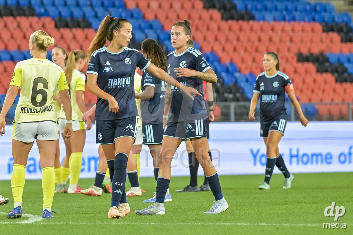 BASEL, SWITZERLAND - September 9: Melanie Mueller of GC Frauenfussball and Marta Cazalla of GC Frauenfussball  during the AXA Women's Super League match between FC Basel 1893 and GC Frauenfussball at St. Jakob-Park on September 9, 2026 in Basel, Switzerland.