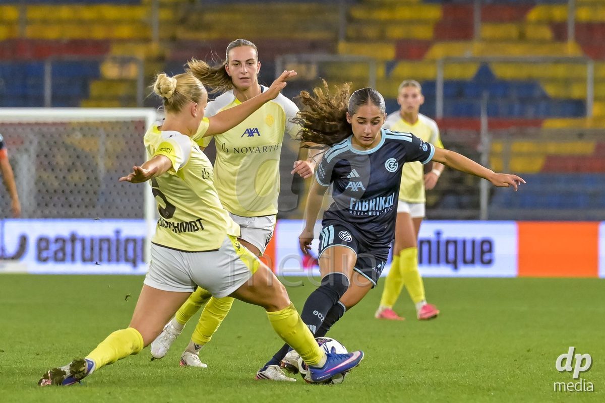 BASEL, SWITZERLAND - September 9: Ilaria Maddaloni of GC Frauenfussball and Luna Lemperiere of GC Frauenfussball during the AXA Women's Super League match between FC Basel 1893 and GC Frauenfussball at St. Jakob-Park on September 9, 2026 in Basel, Switzerland.