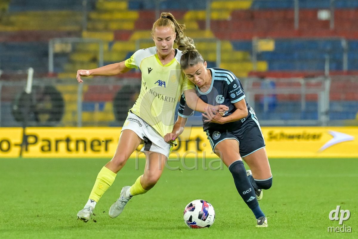 BASEL, SWITZERLAND - September 9: Elea Hagmann of FC Basel, Viola Avduli of GC Frauenfussball during the AXA Women's Super League match between FC Basel 1893 and GC Frauenfussball at St. Jakob-Park on September 9, 2026 in Basel, Switzerland.