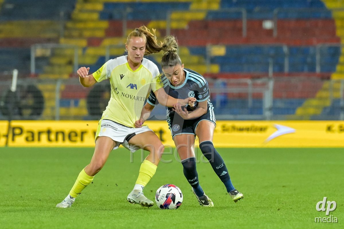 BASEL, SWITZERLAND - September 9: Elea Hagmann of FC Basel, Viola Avduli of GC Frauenfussball during the AXA Women's Super League match between FC Basel 1893 and GC Frauenfussball at St. Jakob-Park on September 9, 2026 in Basel, Switzerland.