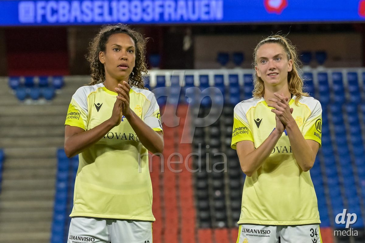 BASEL, SWITZERLAND - September 9: Coumba Sow of FC Basel, Carla Christen of FC Basel during the AXA Women's Super League match between FC Basel 1893 and GC Frauenfussball at St. Jakob-Park on September 9, 2026 in Basel, Switzerland.