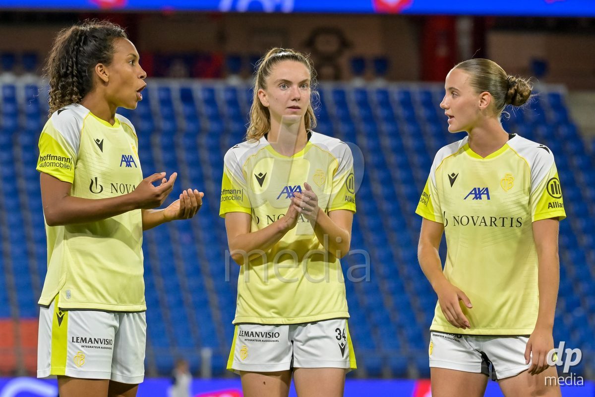 BASEL, SWITZERLAND - September 9: Coumba Sow of FC Basel, Carla Christen of FC Basel, Mia Bennewitz of FC Basel after the AXA Women's Super League match between FC Basel 1893 and GC Frauenfussball at St. Jakob-Park on September 9, 2026 in Basel, Switzerland.