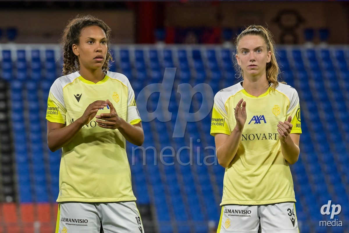 BASEL, SWITZERLAND - September 9: Coumba Sow of FC Basel, Carla Christen of FC Basel after the AXA Women's Super League match between FC Basel 1893 and GC Frauenfussball at St. Jakob-Park on September 9, 2026 in Basel, Switzerland.