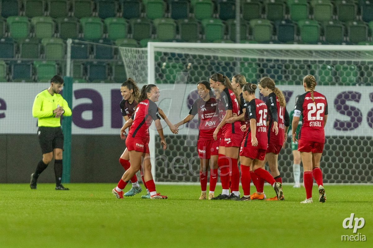 ST. GALLEN, SWITZERLAND - September 9: Joy Steck of FC Aarau Frauen celebrating her goal with her teammates during the AXA Women's Super League match between FC St. Gallen 1879 and FC Aarau Frauen at Berit Sitterstadion on September 9, 2026 in St. Gallen, Switzerland.