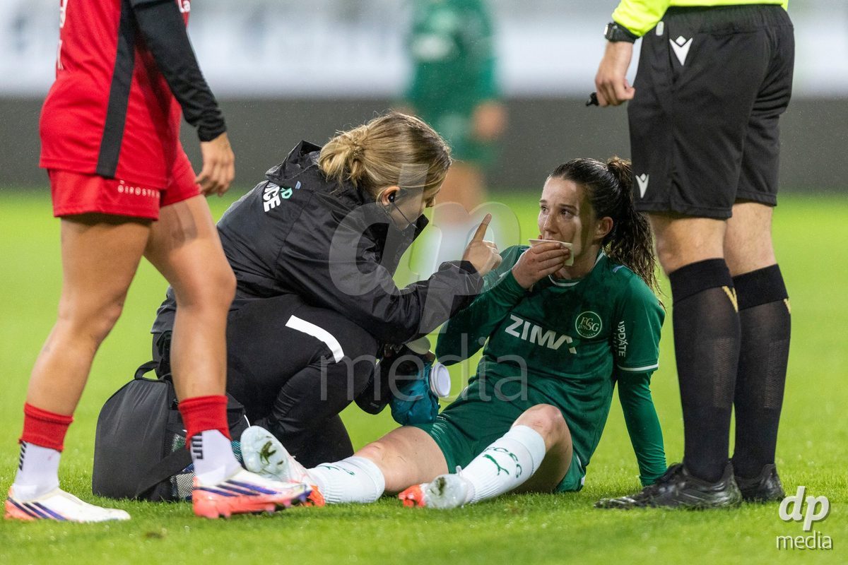 ST. GALLEN, SWITZERLAND - September 9: Chantal Wyser of FC St. Gallen Frauen needs medical treatment during the AXA Women's Super League match between FC St. Gallen 1879 and FC Aarau Frauen at Berit Sitterstadion on September 9, 2026 in St. Gallen, Switzerland.