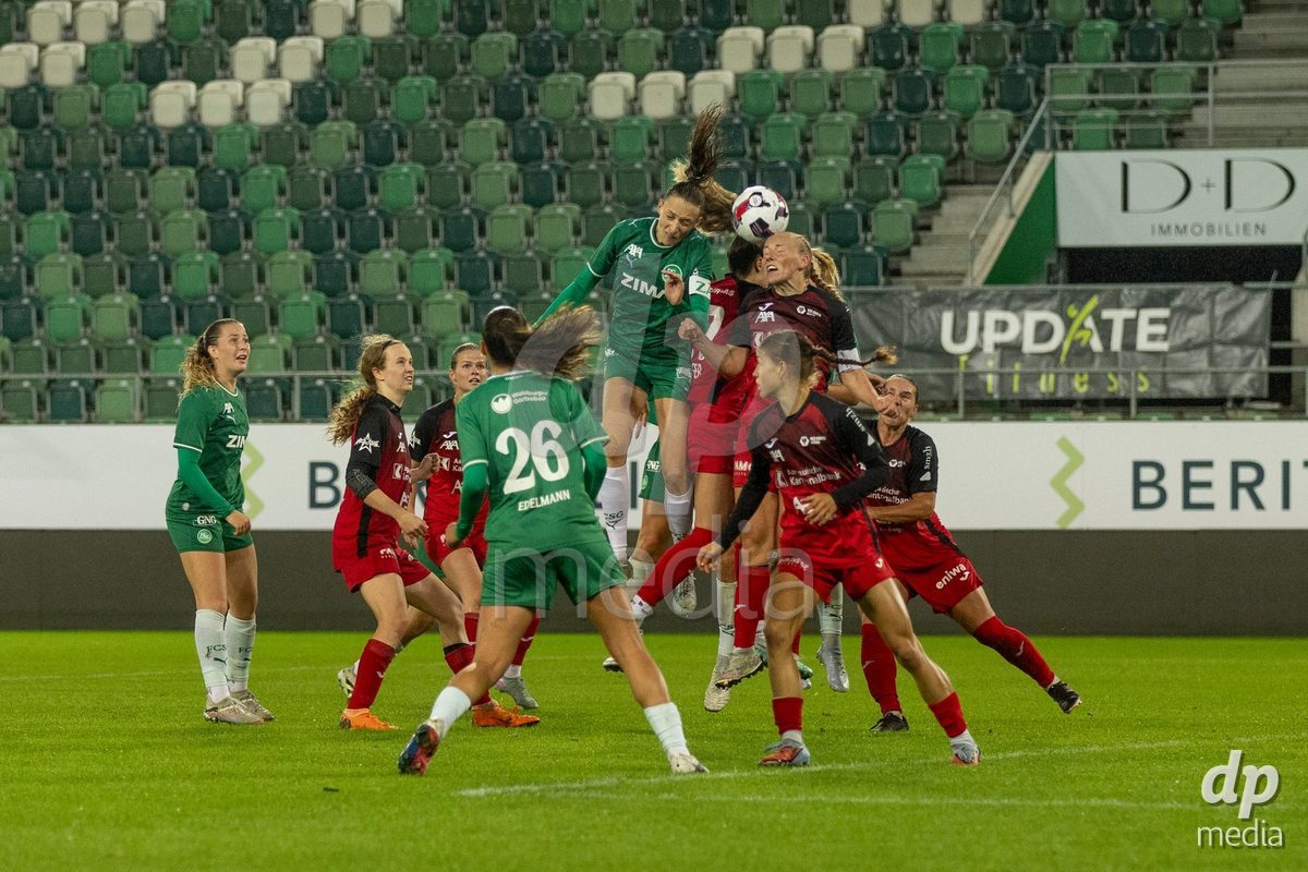 ST. GALLEN, SWITZERLAND - September 9: Jana Brunner of FC St. Gallen Frauen fights for heading the ball with Michelle Stierli of FC Aarau Frauen during the AXA Women's Super League match between FC St. Gallen 1879 and FC Aarau Frauen at Berit Sitterstadion on September 9, 2026 in St. Gallen, Switzerland.