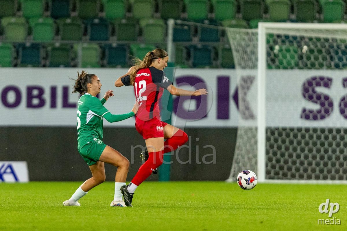 ST. GALLEN, SWITZERLAND - September 9: Olivia Edelmann of FC St. Gallen Frauen (L) battles for the ball with Eriona Elezi of FC Aarau Frauen (R) during the AXA Women's Super League match between FC St. Gallen 1879 and FC Aarau Frauen at Berit Sitterstadion on September 9, 2026 in St. Gallen, Switzerland.