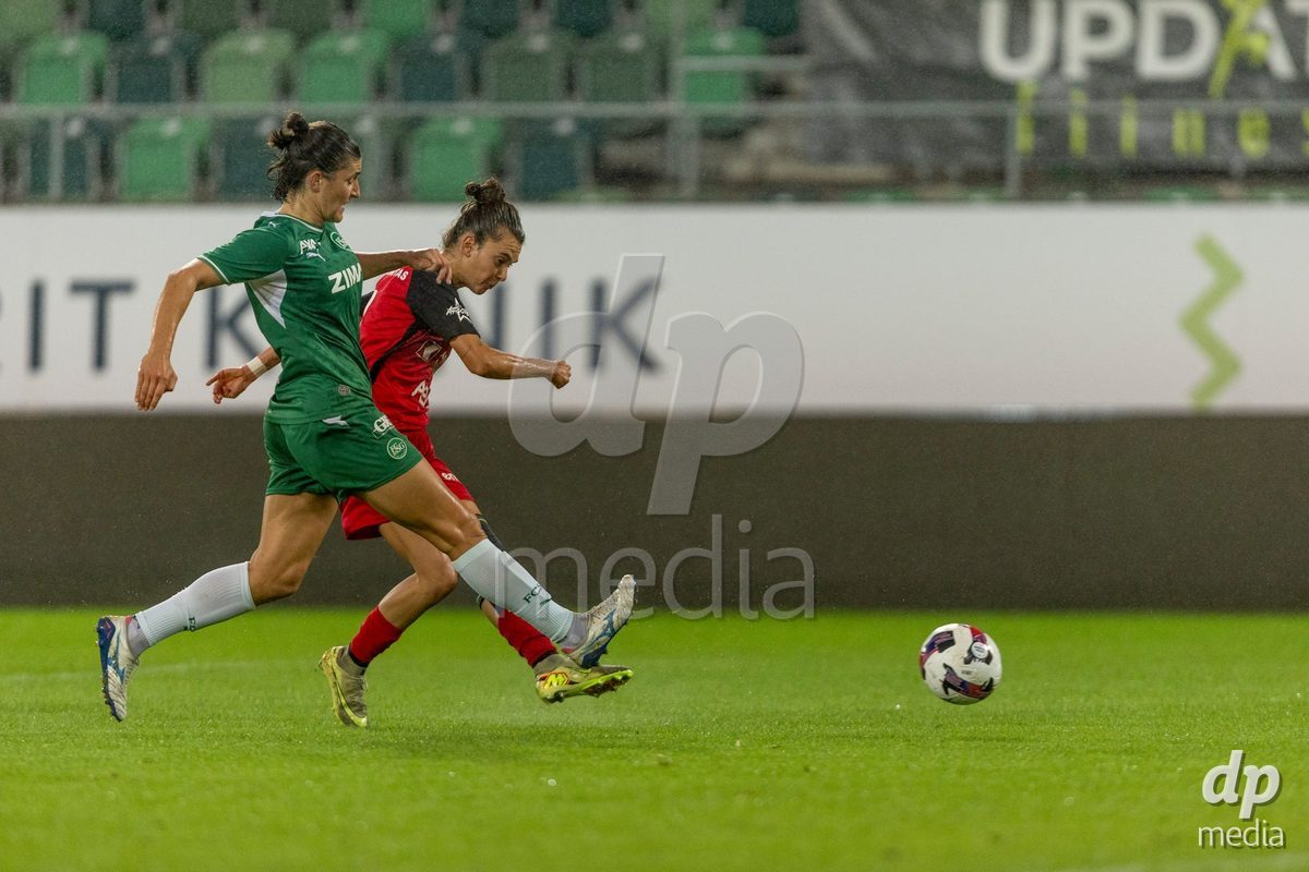 ST. GALLEN, SWITZERLAND - September 9: Giulia Bison of FC Aarau Frauen shoots the ball during the AXA Women's Super League match between FC St. Gallen 1879 and FC Aarau Frauen at Berit Sitterstadion on September 9, 2026 in St. Gallen, Switzerland.
