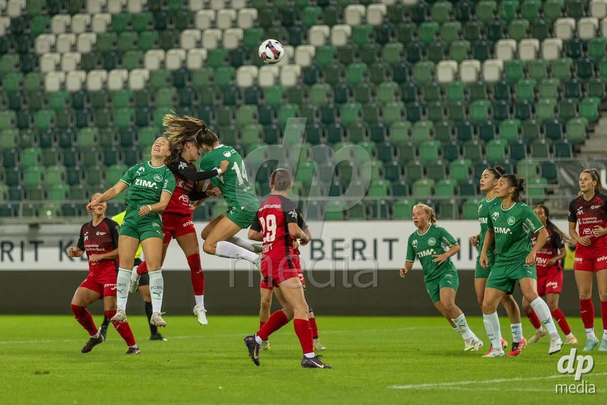 ST. GALLEN, SWITZERLAND - September 9: Jana Brunner of FC St. Gallen Frauen fights for the ball during the AXA Women's Super League match between FC St. Gallen 1879 and FC Aarau Frauen at Berit Sitterstadion on September 9, 2026 in St. Gallen, Switzerland.