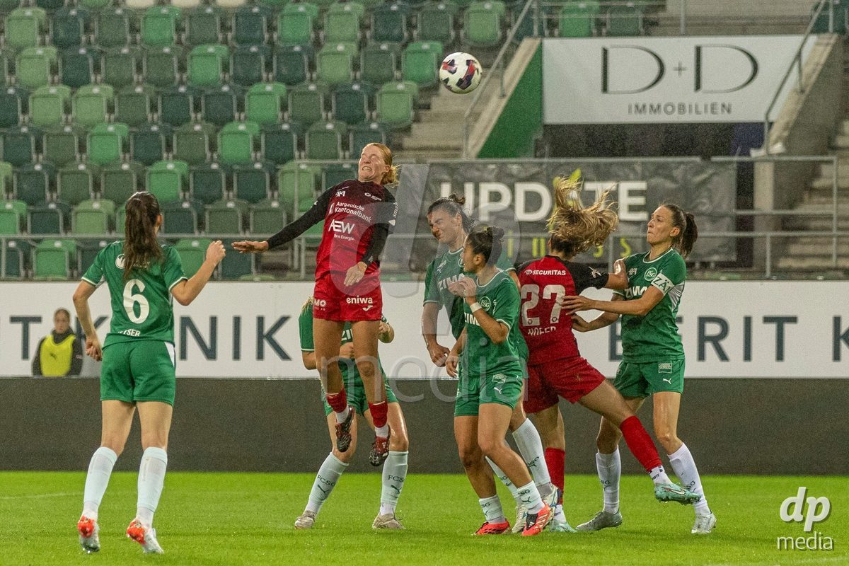 ST. GALLEN, SWITZERLAND - September 9: Yves Milva Heim of FC Aarau Frauen heads the ball during the AXA Women's Super League match between FC St. Gallen 1879 and FC Aarau Frauen at Berit Sitterstadion on September 9, 2026 in St. Gallen, Switzerland.