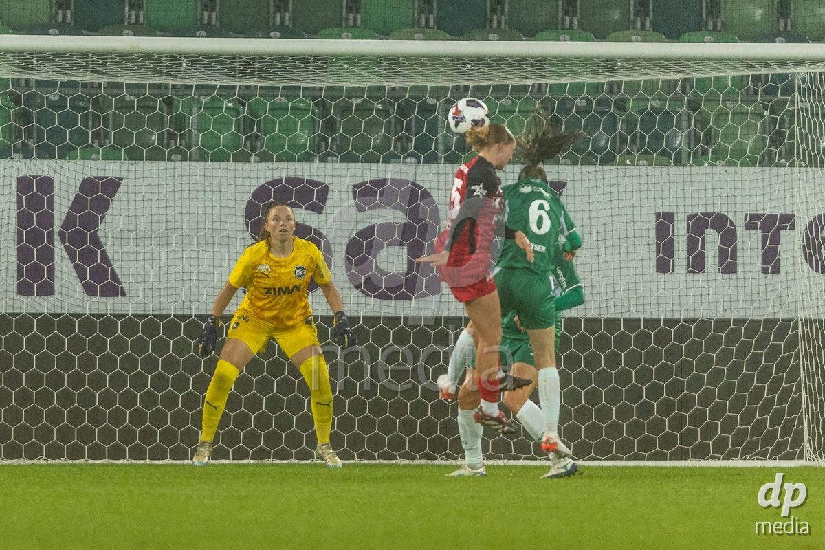 ST. GALLEN, SWITZERLAND - September 9: Yves Milva Heim of FC Aarau Frauen heads the ball during the AXA Women's Super League match between FC St. Gallen 1879 and FC Aarau Frauen at Berit Sitterstadion on September 9, 2026 in St. Gallen, Switzerland.