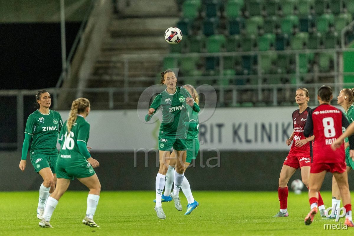 ST. GALLEN, SWITZERLAND - September 9: Jana Brunner of FC St. Gallen Frauen heads the ball during the AXA Women's Super League match between FC St. Gallen 1879 and FC Aarau Frauen at Berit Sitterstadion on September 9, 2026 in St. Gallen, Switzerland.