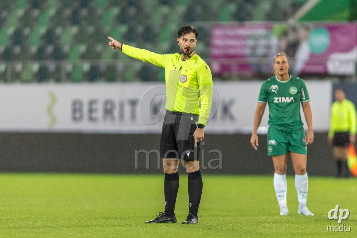 ST. GALLEN, SWITZERLAND - September 9: Referee Firat Sertkaya during the AXA Women's Super League match between FC St. Gallen 1879 and FC Aarau Frauen at Berit Sitterstadion on September 9, 2026 in St. Gallen, Switzerland.