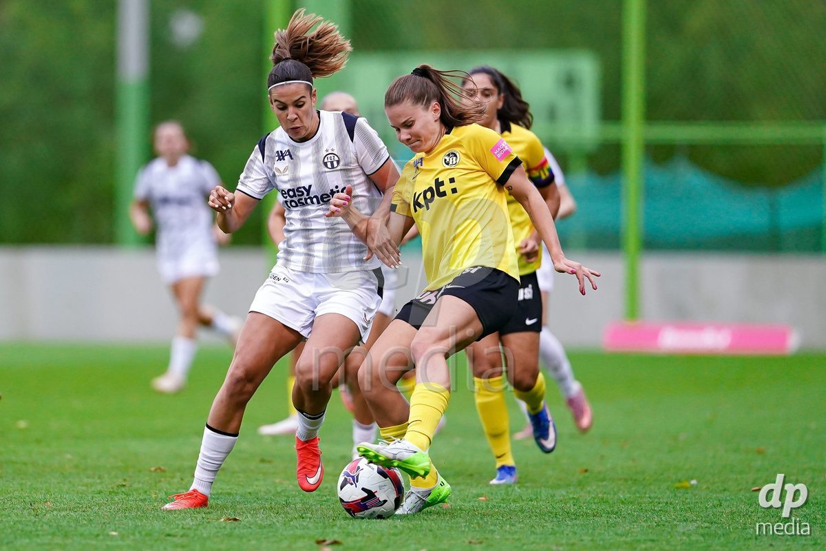 ZURICH, SWITZERLAND - September 9: Emilie Bernhardt of BSC YB Frauen (R) and Nina Kajzba of FC Zurich (L) battle for the ball during the AXA Women's Super League match between FC Zurich and BSC YB Frauen at Herrenschurli on September 9, 2026 in Zurich, Switzerland.