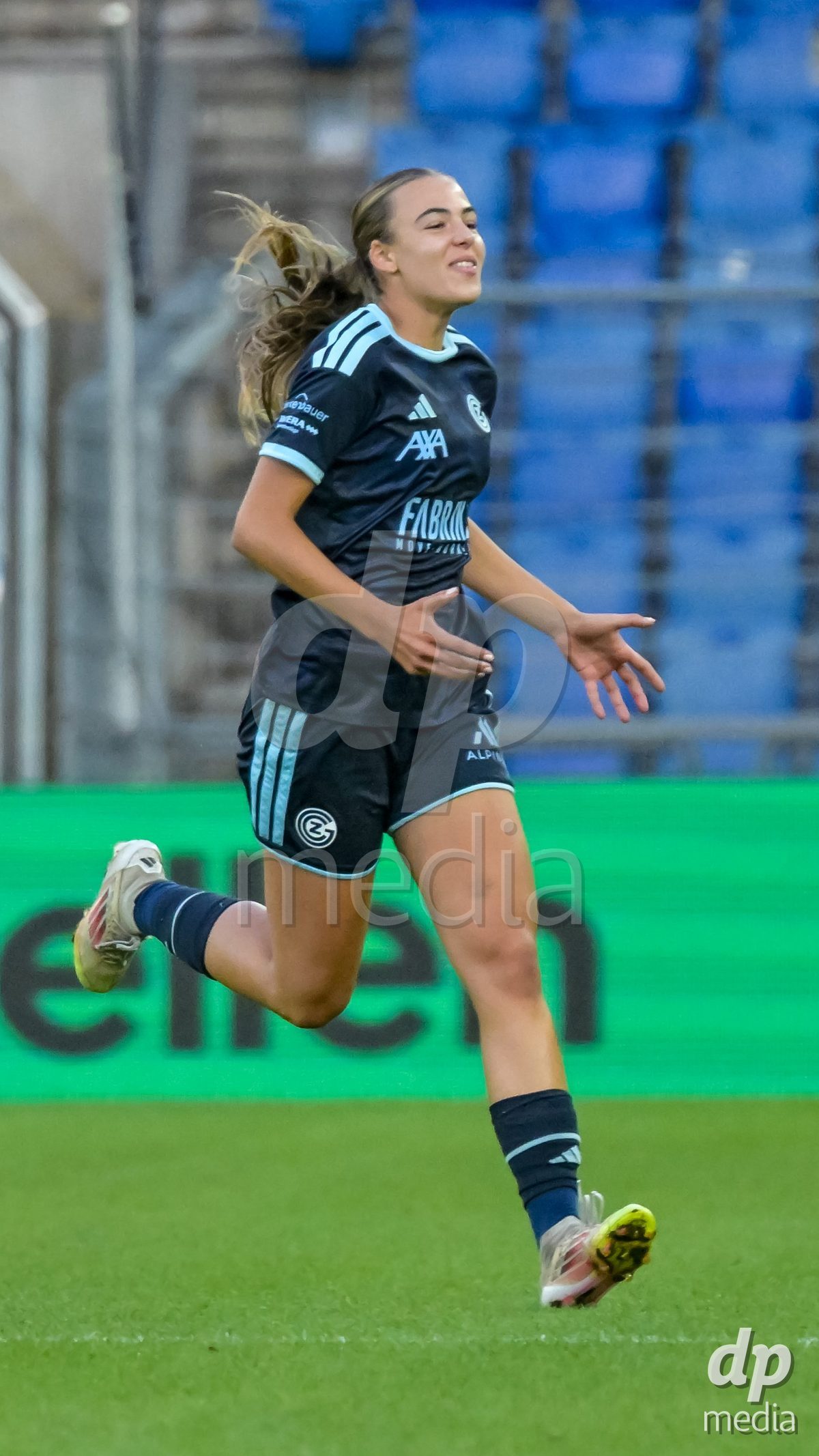 BASEL, SWITZERLAND - September 9: Emma Egli of GC Frauenfussball celebrating the score from Ella Ljustina of GC Frauenfussball during the AXA Women's Super League match between FC Basel 1893 and GC Frauenfussball at St. Jakob-Park on September 9, 2026 in Basel, Switzerland.