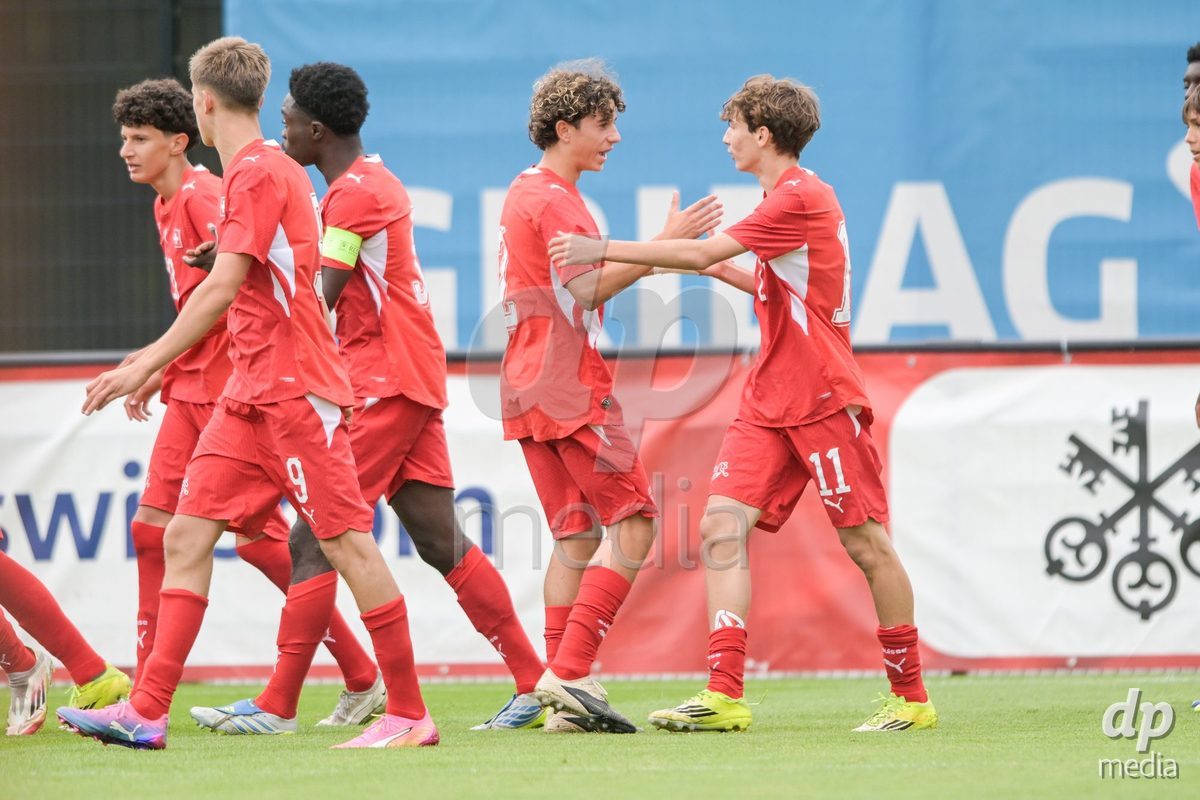 CHUR, SWITZERLAND - September 10: a players of Switzerland celebrate the 2-0 gol during the International friendly match between Switzerland U16 and Luxembourg U16 at Stade de Chur on September 10,2026 in Chur, Switzerland