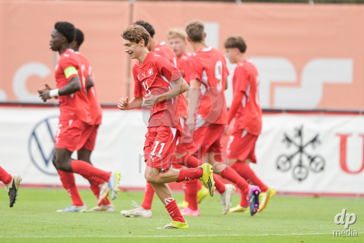 CHUR, SWITZERLAND - September 10: a players of Switzerland celebrate the 2-0 gol during the International friendly match between Switzerland U16 and Luxembourg U16 at Stade de Chur on September 10,2026 in Chur, Switzerland