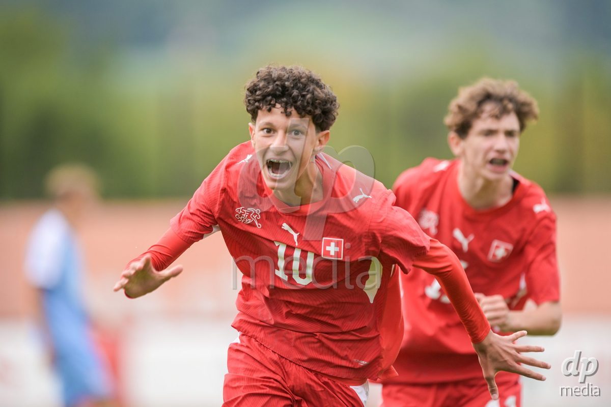 CHUR, SWITZERLAND - September 10: Yanis Sadiki of Switzerland celebrate the 3-1 gol during the International friendly match between Switzerland U16 and Luxembourg U16 at Stade de Chur on September 10,2026 in Chur, Switzerland