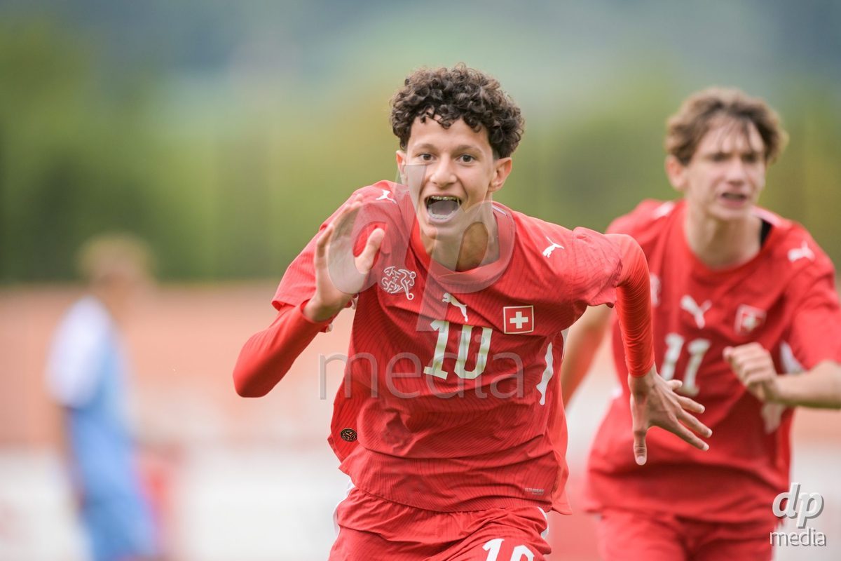 CHUR, SWITZERLAND - September 10: Yanis Sadiki of Switzerland celebrate the 3-1 gol during the International friendly match between Switzerland U16 and Luxembourg U16 at Stade de Chur on September 10,2026 in Chur, Switzerland
